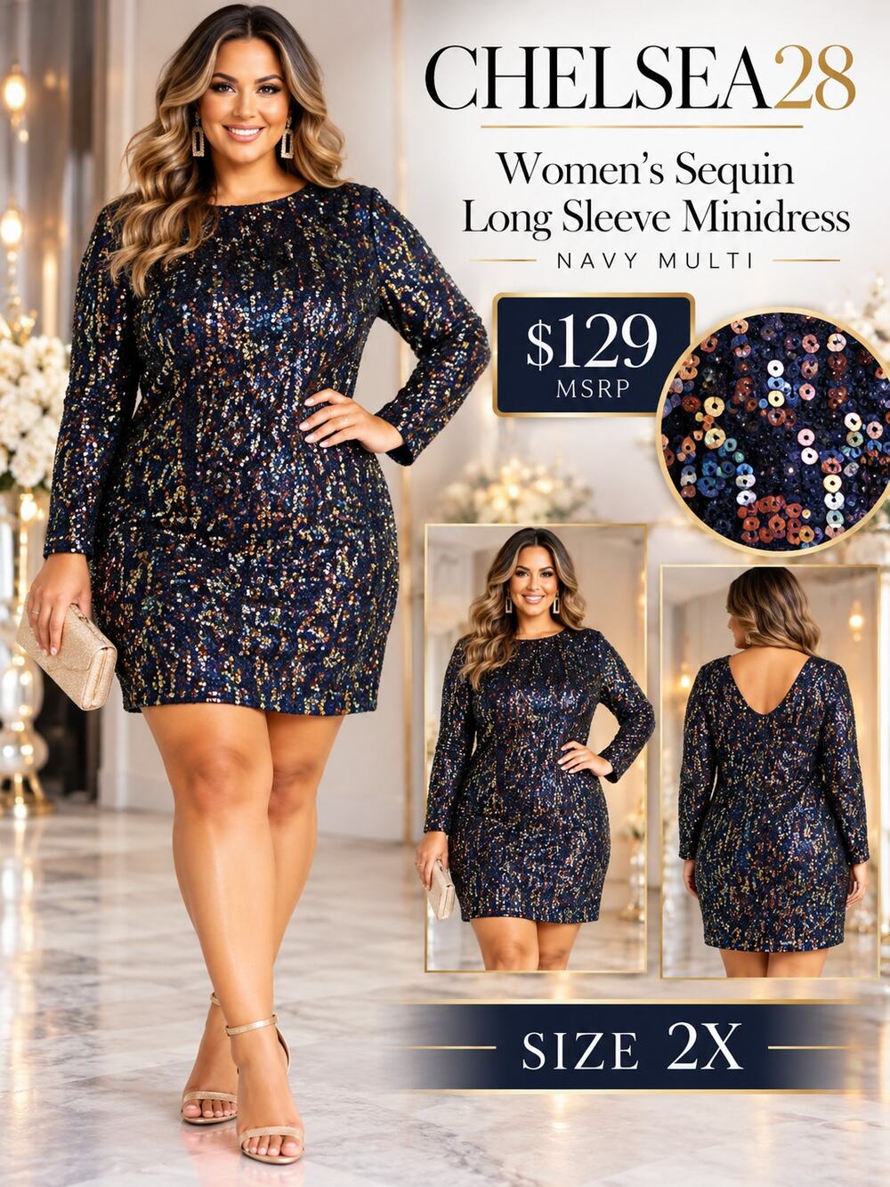 Chelsea28 $129 Women's Sequin Long Sleeve Minidress in Navy Multi-Size 2X NWOT